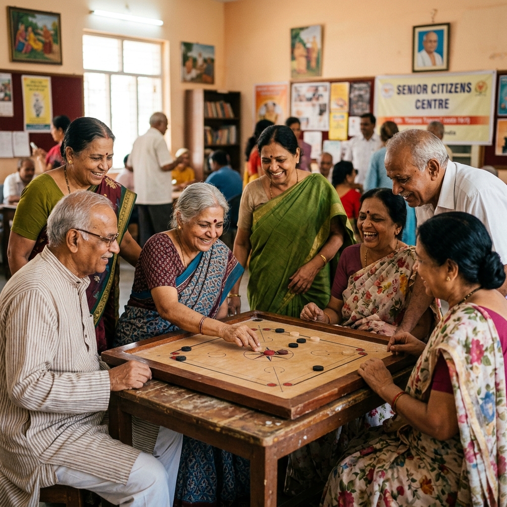 Elderly men and women playing carrom at Pakalveedu, Kottayam