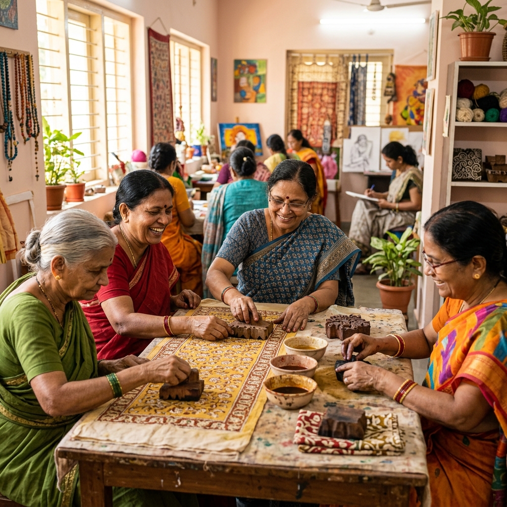 Elderly women participating in a craft session at Pakalveedu day care, Kottayam