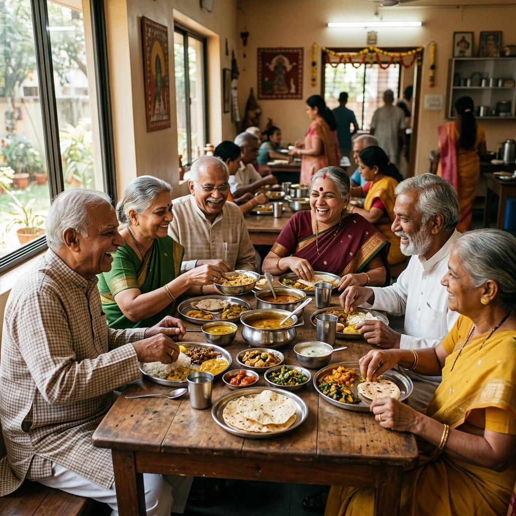 Elderly people sharing a meal together at Pakalveedu, Kottayam